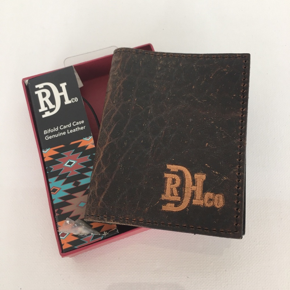 Red Dirt Hat Co Mens Bison Grain Leather Bifold Card Case NEW Brown Wallet NWT